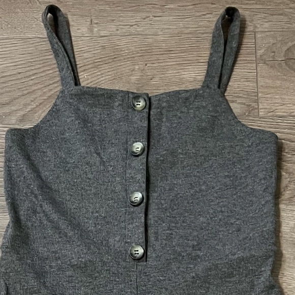 Gray, cropped/ankle jumpsuit with straight leg. Thin straps and button down top. - Picture 5 of 10